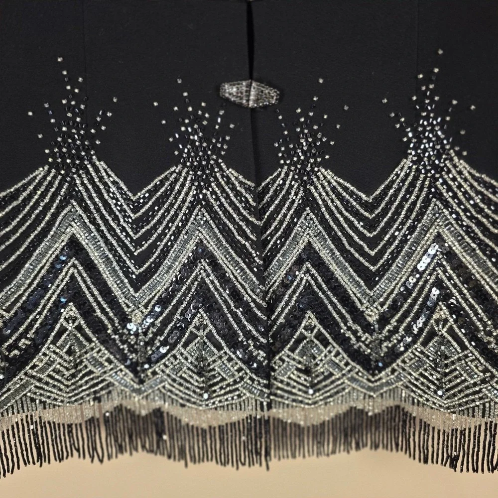 Vintage Terani Couture Beaded Fringe Blazer Women 8 Black Art Deco Sequin Formal